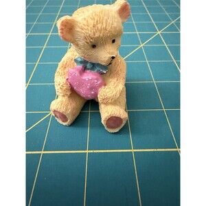 Vintage Style Teddy Bear Resin Figurine Heart Blue Bow Valentine Shelf Decor